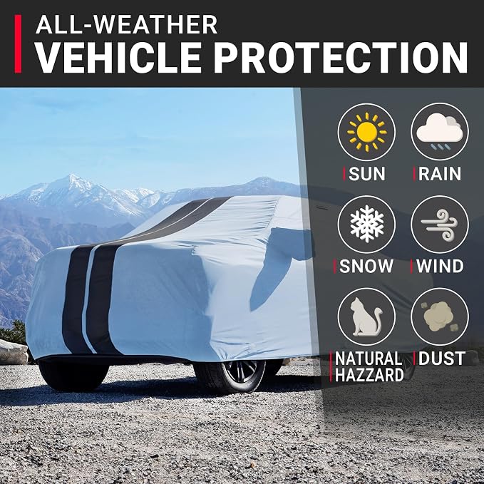 iCarCover Premium Plus Truck Cover Waterproof All Weather Rain Snow UV Sun Protection, Ram 1500 2500 3500, Silverado 1500 2500 3500, Sierra 2500HD 3500HD, Size T79 (See Size Chart) Stripe - Gray/Black