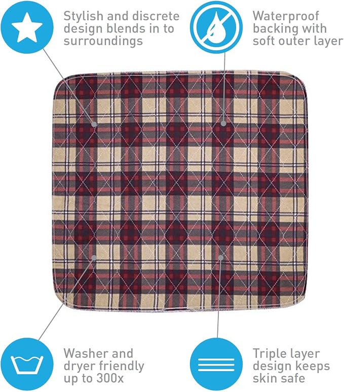 Waterproof Seat Pad, 20x22 Inch, Plaid | Washable, For Incontinence, Seniors, Adult, Children, or Pet, Triple Layer Chair Cover Protector, 24 Ounce Absorbency