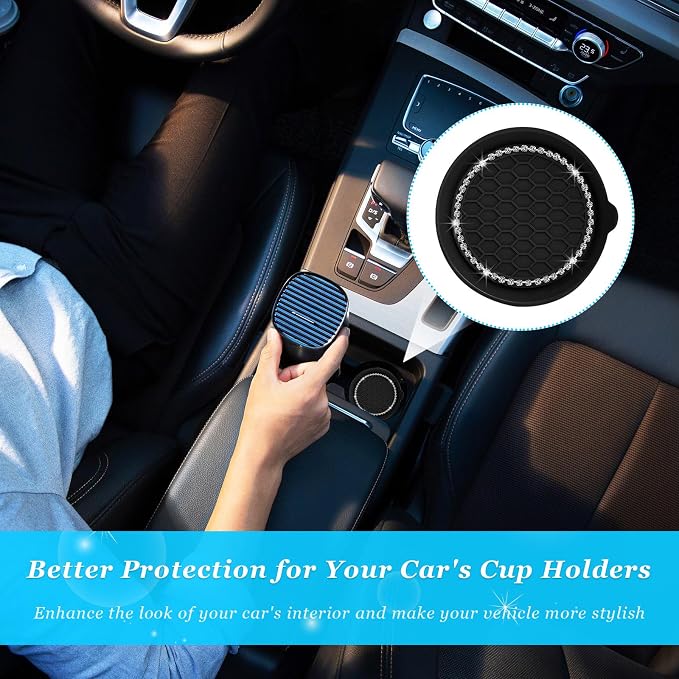 Ziciner 4 PCS Car Cup Coaster Holders, 3.15 Inch Silicone Anti-Slip Auto Insert Coaster, Crystal Rhinestone Car Drink Cup Mat, Universal Durable Auto Interior Accessories (Black, 4Pack)