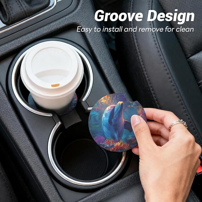 Car Cup Holder Ceramic Coasters 2 Pack, 2.56 in Anti Slip Absorbent Coaster with Cork Base and Finger Notch, Funny Cute Car Accessories Interior for Women, Killer Whale