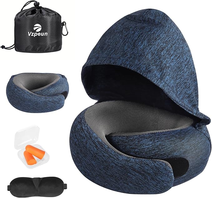 Travel Pillow - Hooded Neck Pillow Airplane Memory Foam Filling for Plane, Office, Cars Sleeping, Road Trip, Long Flights, Airplane Travel Essentials, Includes Eye Mask & Earplugs (Full Blue)