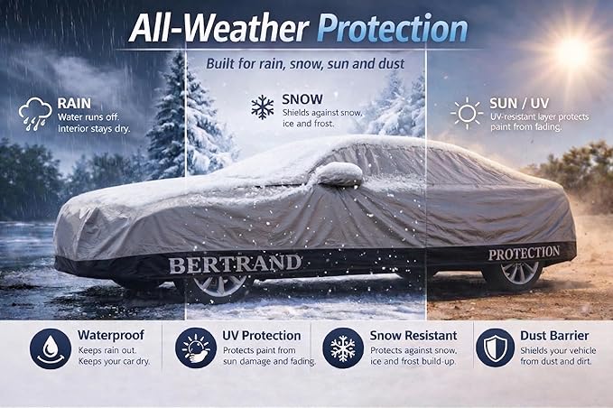 BERTRAND Heavy Duty Sedan Car Cover Waterproof All Weather - Snow, Rain & UV Outdoor Protection | Cotton-Lined, Up to 10-Point Anchoring + Door Zipper | Large Sedans, Silver-Black (185x71, A2)
