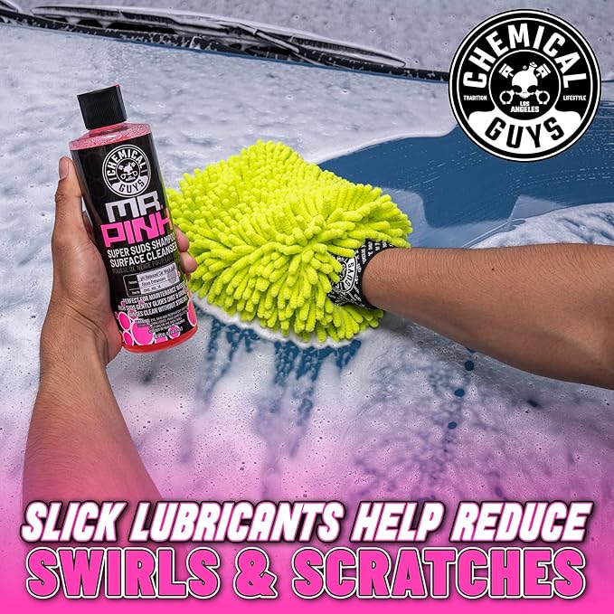 Chemical Guys, Mr. Pink Foaming Car Wash Soap & Chenille Mitt Kit, 16 oz | High-foaming Mr. Pink soap with a plush chenille mitt for safe, scratch-free contact washing, a starter combo