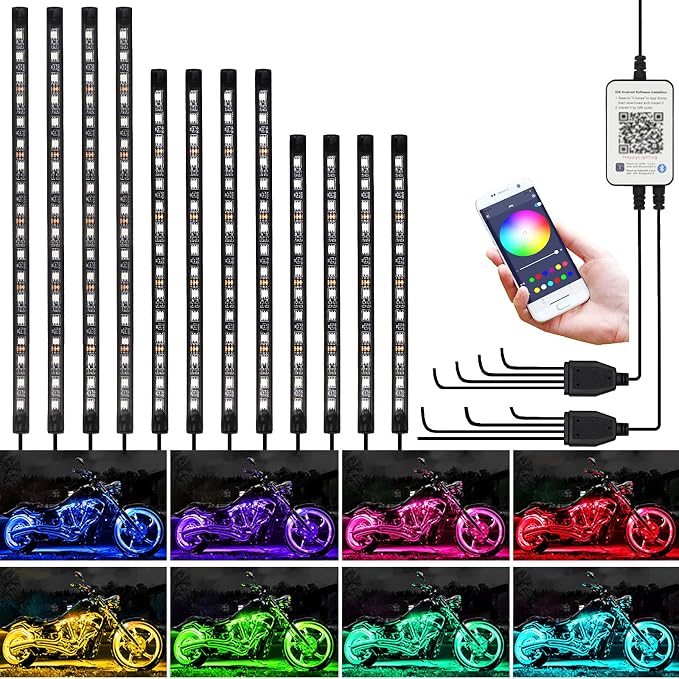 12PCS Motorcycle LED Underglow Kit, App Control Multicolor Motorcycle Lights Underglow Kit Music Sync Waterproof Underglow Compatible with Harley Davidson Honda Kawasaki Suzuki Motorcycles