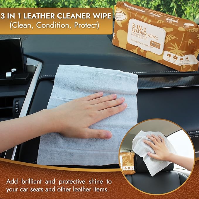 Air Jungles 3in1 Leather Cleaner Wipes 70 Count, Extra Large 8" x 10" Size | Clean Condition Protect Wipes for Vinyl and Leather Apparel Furniture Auto Car Interior Shoes Boots Bags