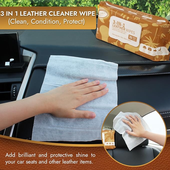 Air Jungles 3in1 Leather Cleaner Wipes 70 Count (3 Pack), XL 8x10 Inch | Clean Condition Protect Wipes for Vinyl and Leather Apparel Furniture Auto Car Interior Shoes Boots Bags