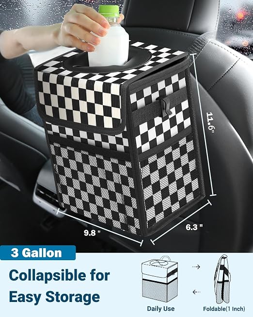 Capolo Car Trash Can with Lid, Leakproof Car Trash Bag Hanging Waterproof Automotive Garbage Can with Storage Pockets Mini Vehicle Trash Bin for Back/Front Seat(Black Square Grid,3 Gallon)