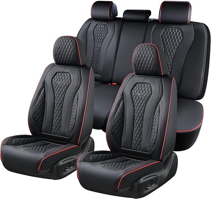 Coverado Car Seat Covers Full Set, Black Seat Covers, Waterproof Car Seat Cover, Car Seat Cushion, Car Seat Covers Front Seats Back Seat Covers, Car Seat Protector Universal Fit Most Cars Red Line