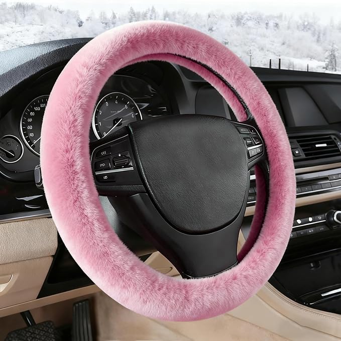 Furry Warm Steering Wheel Cover, Universal 14.5-15 Inch Winter Plush Warm Steering Wheel Cover, Soft Fluffy, Anti-Slip Design, Soft Texture (Pink)