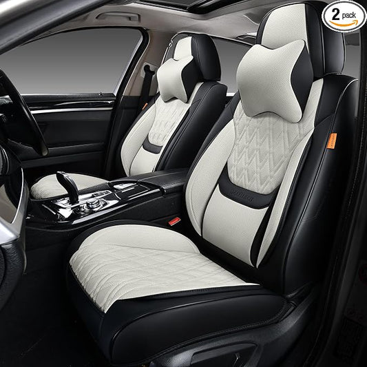 Car Seat Covers Front Pair, Breathable Leather Automotive Front Seat Covers with Headrest, Universal Automotive Vehicle Seat Cover for Most Sedan SUV Pick-up Trucks, Black&Beige