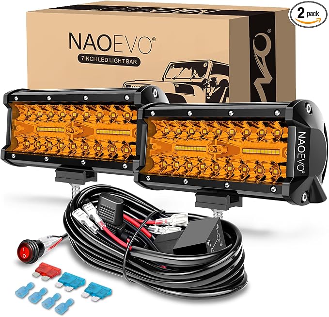 NAOEVO 7 Inch Amber LED Light Bar, 240W 24,000LM Offroad Fog/Driving Lights LED Pods with 2 Leads Wiring Harness Kit, Spot & Flood Work for Truck Boat UTV ATV, 2-Pack (Amber)
