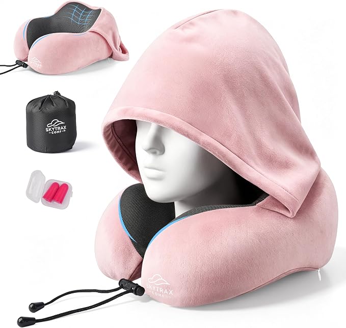 SkytraxComf® Travel Neck Pillow with Hood for Privacy on Long Flights | Memory Foam | Airplane Sleep | Safety-Tested Materials | Extra Large Hood | Chin Support | Earplugs | Washable Cover