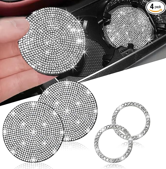 2pcs Bling Car Cup Holder Coasters & 2pcs Push Start Button, 2.75 inch Anti-Slip Shockproof Universal Vehicle Coasters Insert, Bling Car Interior Accessories for Women Suits for Most Cars (White)