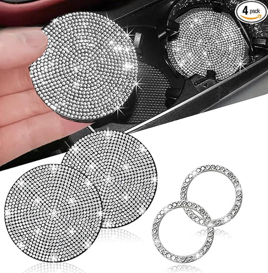 2pcs Bling Car Cup Holder Coasters & 2pcs Push Start Button, 2.75 inch Anti-Slip Shockproof Universal Vehicle Coasters Insert, Bling Car Interior Accessories for Women Suits for Most Cars (White)