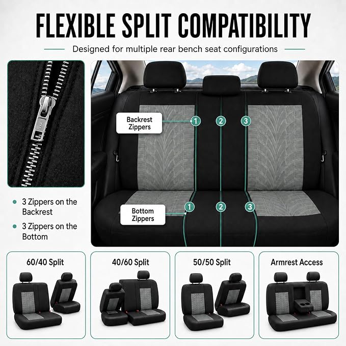 FH Group Full Set Travel Master Car Seat Covers, Airbag and Split Rear Car Seat Cover Universal Fit Interior Accessories for Cars Trucks SUV, Automotive Seat Covers, Gray