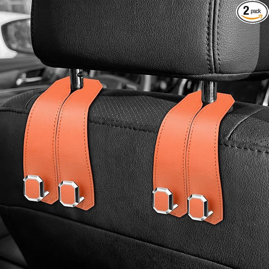 2PCS Car Hooks for Headrest, Faux Leather Purse Hook for Car Seat Back Organizers and Storage, Double Metal Purse Holder Bag Hanger, Universal Car Interior Accessories for Women Man