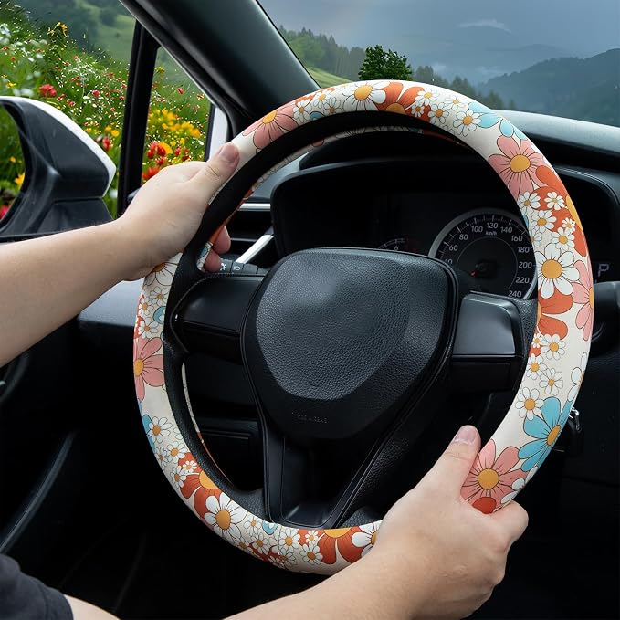 Boho 7 Color Flowers Steering Wheel Cover Auto Steering Wheel Protector, Anti-Slip, Breathable, Absorbing Sweat, Universal Car Accessories 14.5–15 inch,Fit for Most Car, Trucks, SUV
