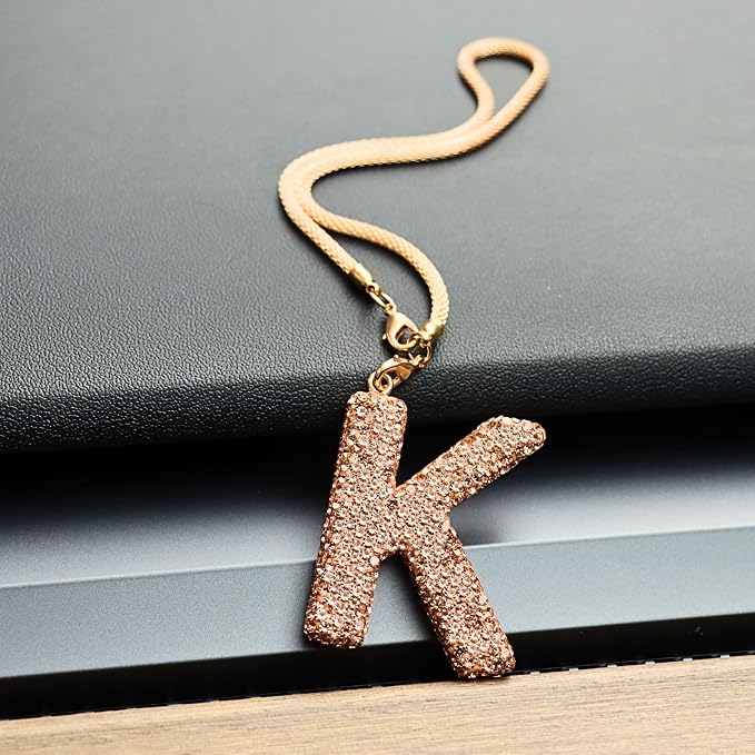 Bling Car Accessories for Women Letter Charm, Rainbow Color Rear View Mirror Cute Crystal Pendant Car Decorations, Lucky Gifts Diamond Rhinestone Charm Interior (K, Champagne Gold)