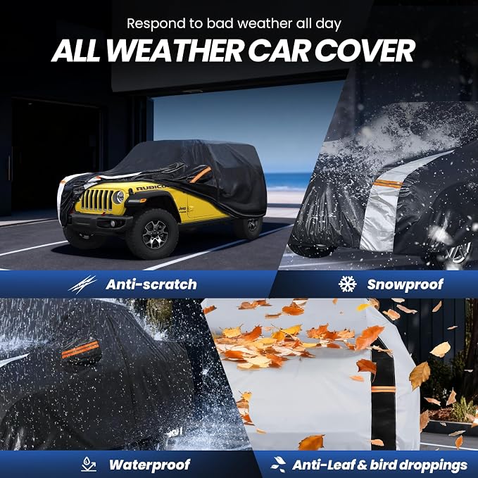 Multi-Layer Car Cover Custom Fit for Jeep Wrangler 2 Door CJ YJ JK JL(1987-2026), 100% Waterproof All Weather for Automobiles, Gift with Towel, Heavy Duty Car Covers for Rain Sun UV Protection.