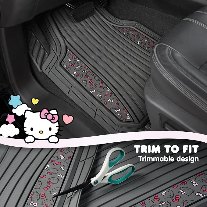 Hello Kitty Car Mats 4pc Floor Mats for Cars Trucks SUVs Grey Car Floor Mats for Women Men Accessories Rubber Heavy Duty Cute Non-Slip Always Front Rear Hello Kitty Cars Accessories Gray/Pink