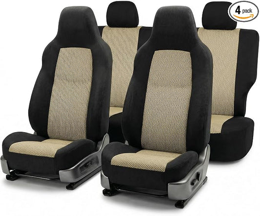 FH Group Automotive Full Car Seat Covers for SUV, Trucks, Sedan and More - Universal Fit Front High Back & Rear Solid Bench Design Interior Accessories - 3D Air Mesh Fabric Center Panel - Beige