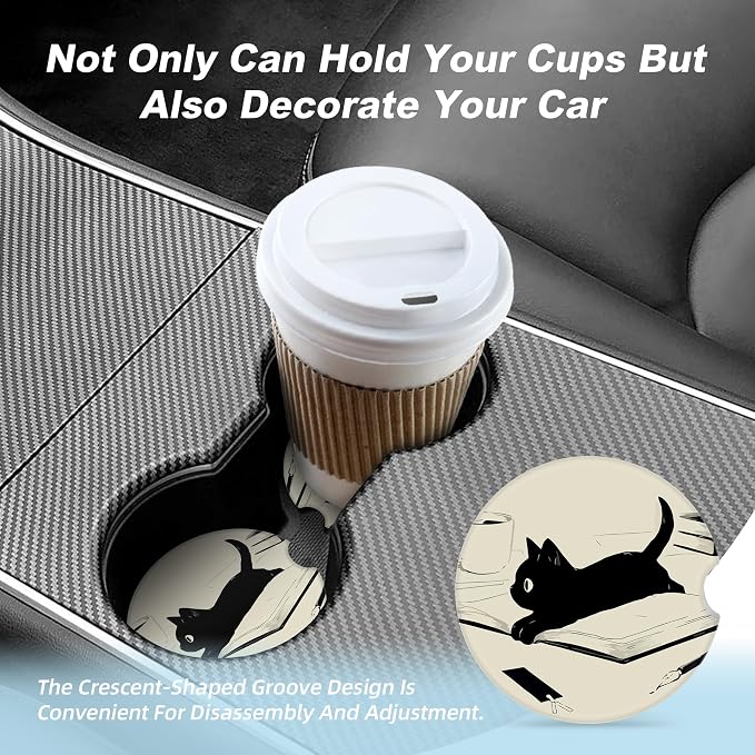 Kawaii Anime Black Cat Car Coasters for Cup Holders,2 Pack Car Cup Holder Coasters for Car,Ceramic Absorbent Car Coaster with A Finger Notch and Cork Base,Car Interior Accessories for Women Men