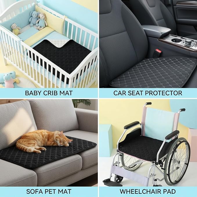 2 PCS Waterproof Chair Pads for Incontinence, Non-Slip Absorbent Wheelchair Seat Protector 19.69" × 15.75" Washable Seat Covers Black Reusable Chair Protector for Bed Wheelchair Seniors Adult