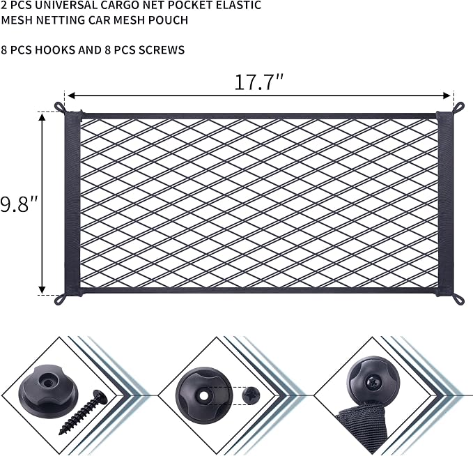 2 Pcs Universal Stretch Mesh Car Mesh Bag with Screws and Hooks for Trunk RV Boats Home Cargo Storage (17.7'' x 9.8'')