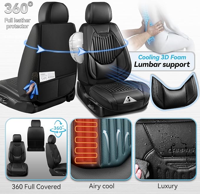CAR PASS Luxury Nappa Leather Car Seat Covers Two Front, Lumbar Support Seat Covers for Car 2 Seats, Waterproof Car Seat Protector, Automotive Seat Cover Universal Fit for Most Sedans SUV Trucks Black