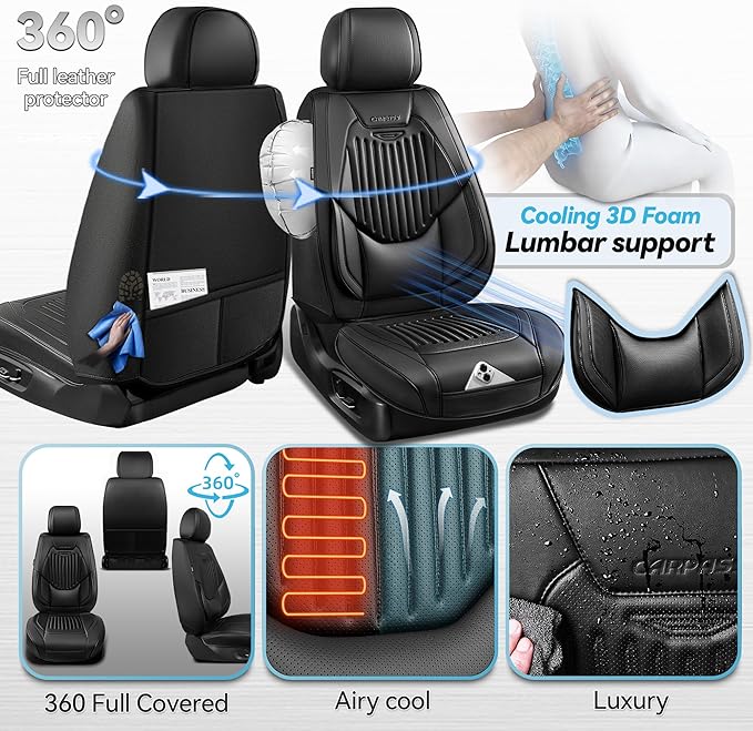 CAR PASS Luxury Nappa Leather Car Seat Covers Full Set, Lumbar Support Seat Covers for Car 5 Seats, Waterproof Car Seat Protector, Automotive Seat Covers Universal Fit for Most Sedans SUV Trucks Black