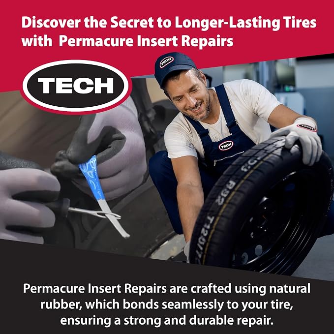 TECH Permacure Tire Repair Kit with Plugs – 50 Plugs & Tools for Permanent Tire Repair, Moisture & Air-Proof Seal, Ideal for Cars, Trucks, ATVs, Motorcycles, SUVs, & More – Portable & Compact Storage