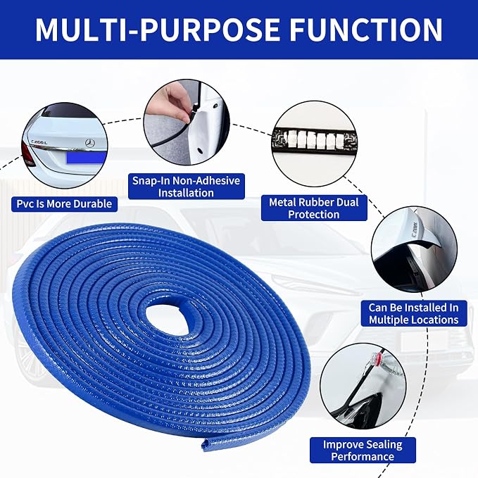 Car Door Edge Guards, 16Ft Rubber Seal Car Door Edge Trim, U Shape Door Edge Protector Guard, Aluminum Weather Proofing Automotive Door Edge Molding Protection for Most Car (Blue, 16Ft)