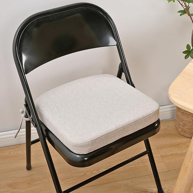 SINOSSO Memory Foam Chair Cushions for Folding Chairs 6 Pack, Thickened 2" Square Pads with Ties for Kitchen Chairs, Indoor Non-Slip Dining Chair Seat Cushions (Set of 6, Beige-Gray)