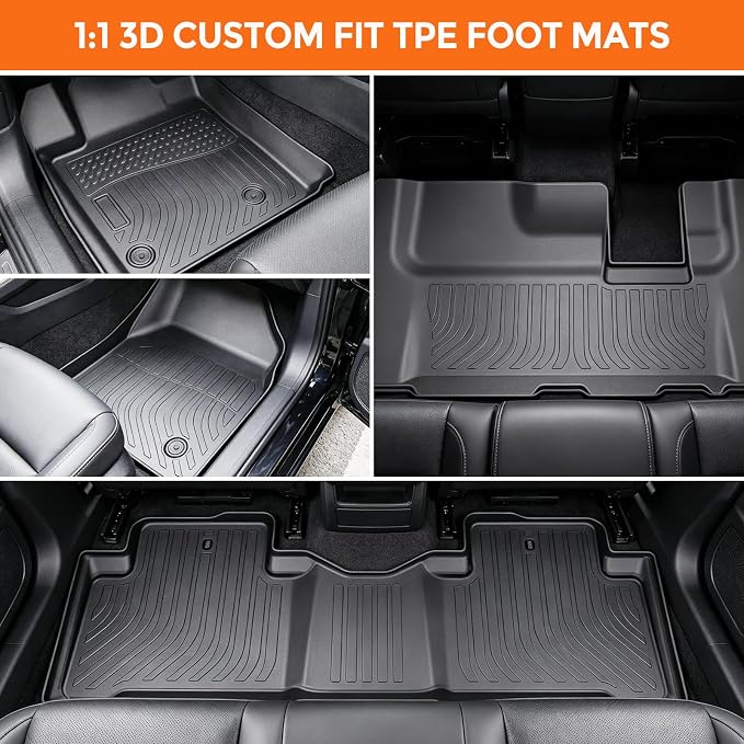 Floor Mats for Honda Pilot 2009-2015 | Heavy Duty TPE All Weather Protection, Waterproof Non-Slip Black Car Liners (Three-Row Floor Mats)
