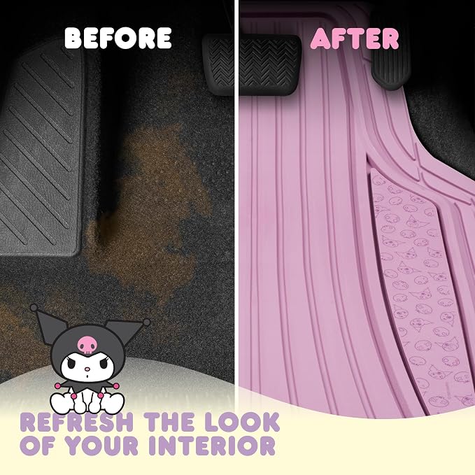 Kuromi Car Mats 4pc Floor Mats for Cars Trucks SUVs Lavender Purple Car Floor Mats for Women Men Accessories Rubber Heavy Duty Cute Non-Slip Always Front Rear Hello Kitty Pink Car Accessories