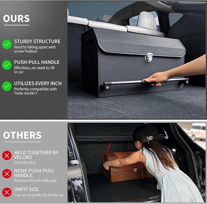 Trunk Organizer for Car with Lid Leather Trunk Organizer Car Organizer | SUV Trunk Organizer with Push-pull Handle Car Trunk Storage Organizer for Minivan, Truck, Sedan (Black, 20.47x11.42x12.2in)
