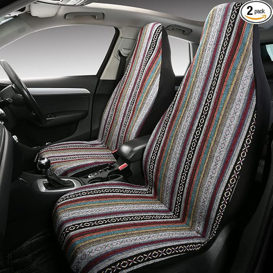 Baja Saddle Blanket Car Seat Covers 2PCS Front, Breathable and Washable Striped Woven Automotive Vehicle Seat Cover, Universal Seat Cover for Sedan, SUV, Truck, Airbag Compatible