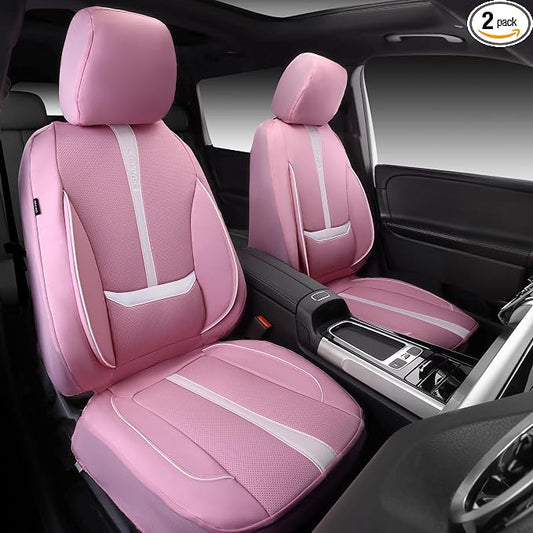 CAR PASS Nappa Leather Car Seat Covers, Cute Girly Water Resistant 3D Foam Faux Leather Seat Covers, Lumbar Support Automotive Seat Covers 2 Front Seats, Universal Fit for Cars SUV, Cute Pink White