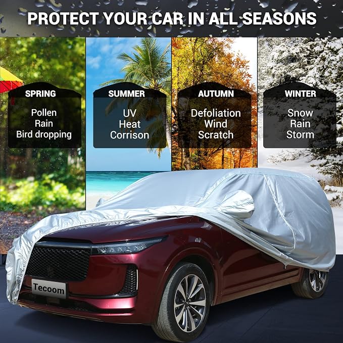 Tecoom Car Cover Waterproof All Weather, 8 Layers Soft Cotton Fleece Lining SUV Car Cover with Zipper Door & Lock, Windproof Rain Sun UV Hail Protector Full Exterior Covers Fit SUV (206-215 Inches)