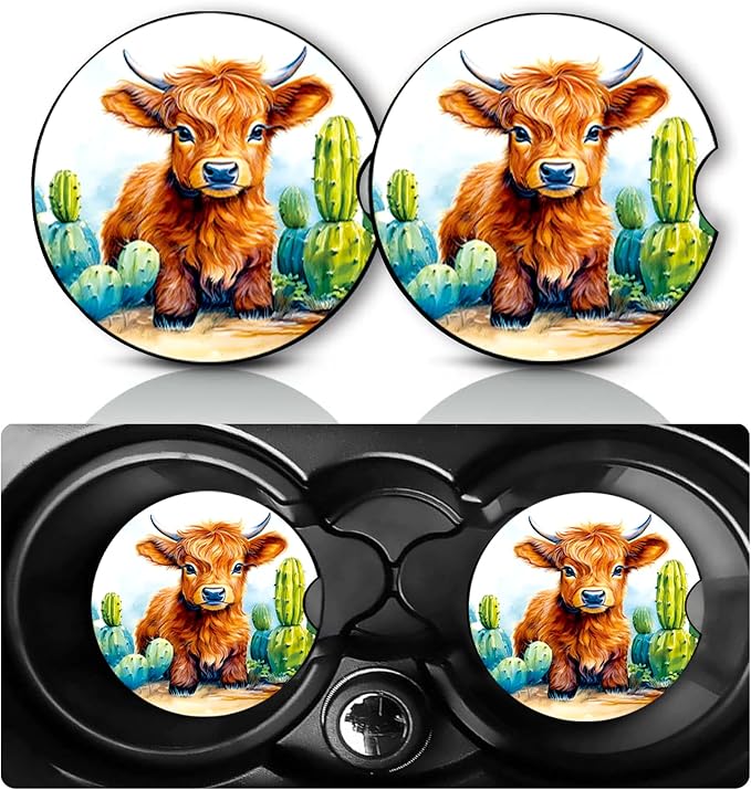 2 Pack Highland Cow Car Cup Holder Coasters Neoprene Anti Slip Rubber Mat | Cactus Cows Car Accessories Interior Decor 2.75" Universal Size Insert Auto Coasters Boho Cow Gifts for Women Men
