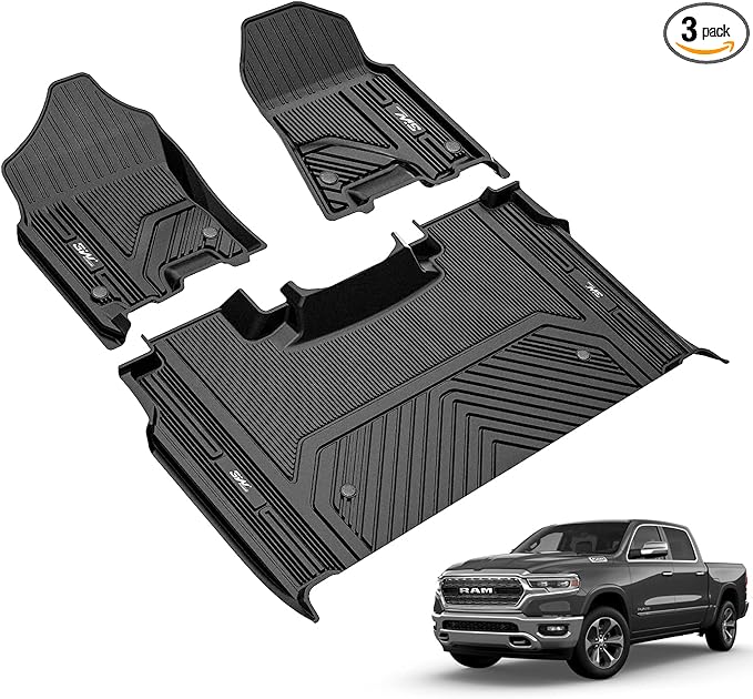 3W Floor Mats Fit for 2019-2024 Dodge Ram 1500 Crew Cab New Body (NOT Classic Models) with Original Storage All Weather TPE Accessories Custom Fit Dodge Ram 1500 Floor Liner Full Set Car Mats