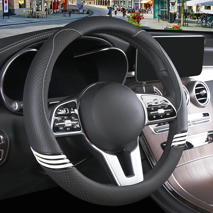 15 inch Cute Leather Steering Wheel Cover Black | Breathable Non-Slip Faux Leather and Carbon Fiber Car Accessories for Women Men Universal 14.5 inch to 15 inch