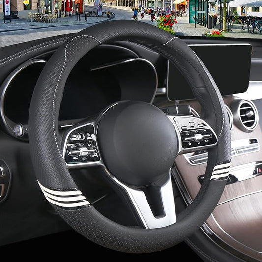 15 inch Cute Leather Steering Wheel Cover Black | Breathable Non-Slip Faux Leather and Carbon Fiber Car Accessories for Women Men Universal 14.5 inch to 15 inch
