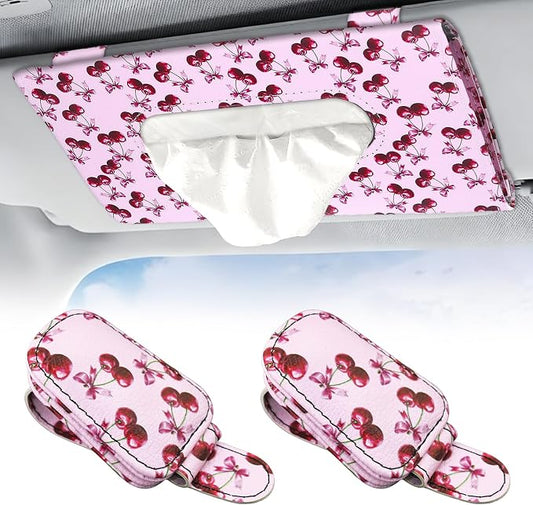 2 Pcs Sunglass Holder and 1Pcs Car Tissue Holder for Car,Magnetic Leather Sunglasses Holder Car Sun Visor Glasses Hanger Clip,Car Interior Accessories for Women(Pink Cherry)