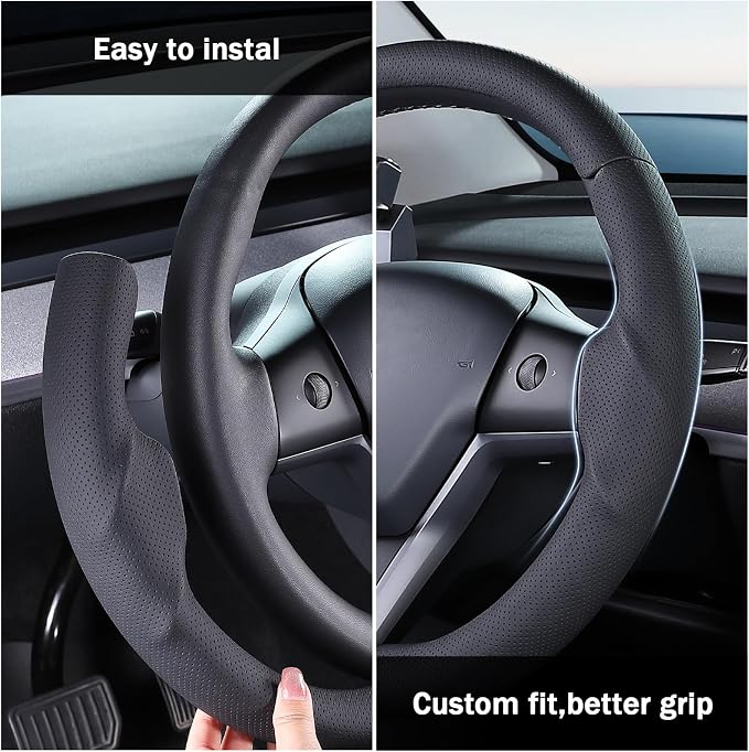 Steering Wheel Cover for 2017-2023 Tesla Model 3 2020-2024 Tesla Model Y, Leather Steering Wheel Cover for Tesla Model 3/Y Accessories, Black