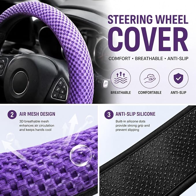 Mesh Ice Silk Cooling Car Steering Wheel Cover for Men Women,Summer Universal Breathable Stretch Anti-Slip Wheel Cover 14.5-15" for Cars, Trucks, Pickups, SUVs (Light Purple)