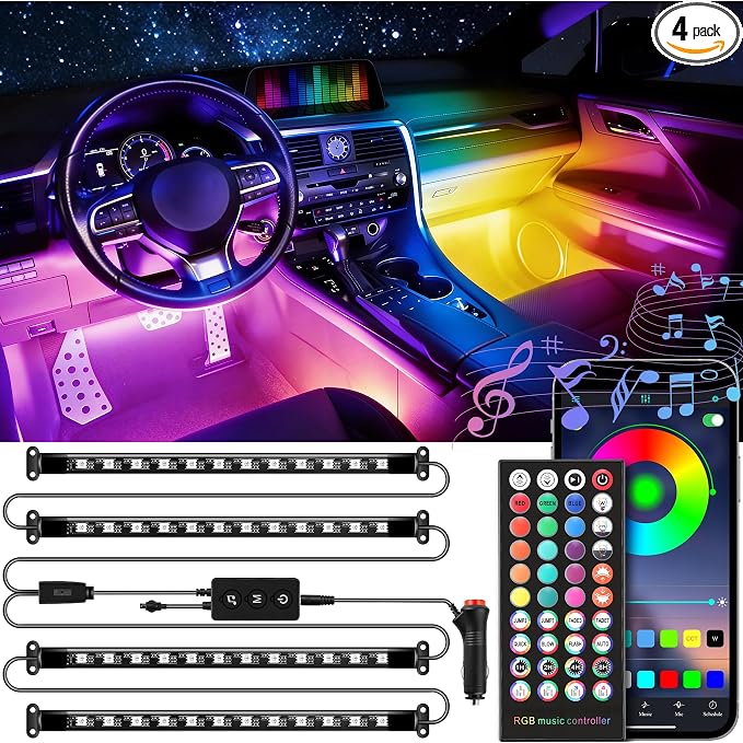 LivTee Smart Car Interior LED Lights, RGB Ambient Strip Lights with App, Remote & Controller Buttons, DIY & Music Sync Modes, 2-Line Design, Gift-Ready Car Accessories for Women & Teens