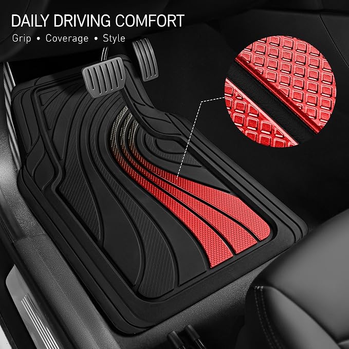 Road Comforts Car Floor Mats Full Set – Front & Rear Car Floor Mats with Aluminum Design, Anti-Slip Backing, All-Weather Protection, Trim-to-Fit Car Mats for Most Sedans, SUVs & Vans - Red