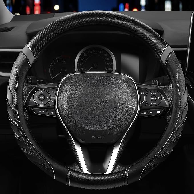 West Llama Carbon Fiber Leather Steering Wheel Cover with Anti-Slip Grip, 3D Textured Design, 14.5-15 Inch Car Steering Wheel Cover, Durable Interior Accessory（Standard Size-Black+Gray