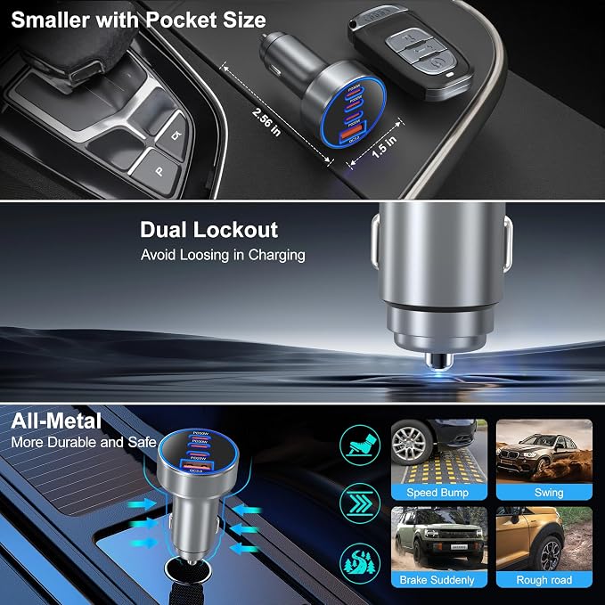 USB C Car Charger, Bangfun 98W Super Fast Charging Cigarette Lighter Adapter Multiport 12V-24V USB Phone Car Charger Plug for iPhone 17 17e 16 15 14 13 12 Pro Max Pad Galaxy Pixel Android(Gray)